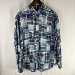 Ralph Lauren Long Sleeve Shirt Men Large Blue Patchwork Madras Classic Fit
